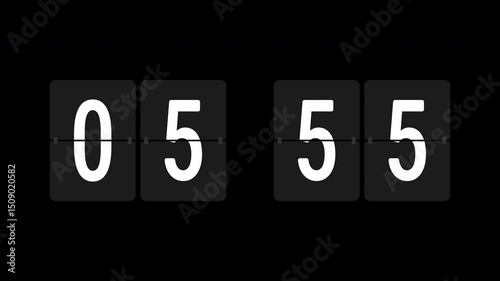 One minute timer countdown and count up animated with alpha channel. Flip counting board number motion graphic on transparent background. Clock, counter, black.