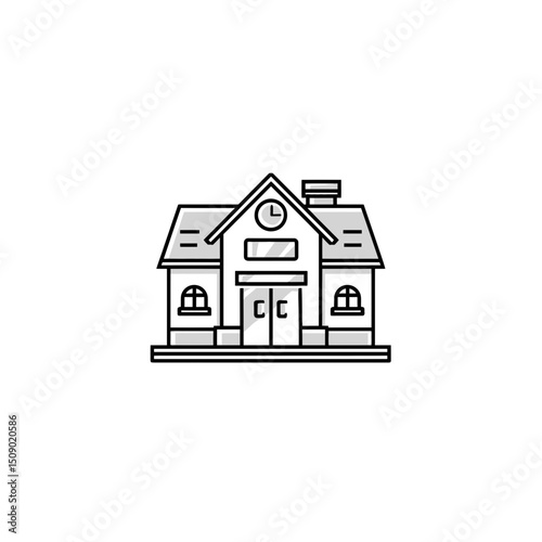 School building displays time at entrance in monochrome drawing