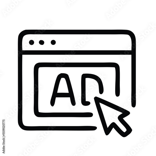 A simple, clean icon representing online advertising. A web browser window displays the letters 'AD' with a mouse cursor hovering, symbolizing online promotion, marketing.