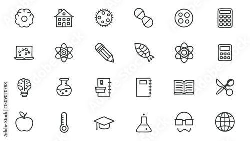 Education science school icons vector set learning study knowledge teaching line art outline symbols 100 char