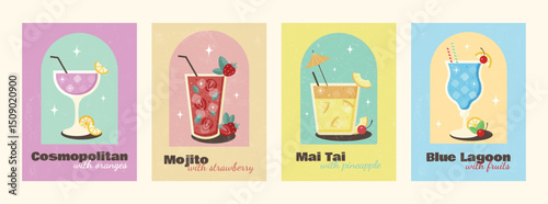 Set of postes with cocktails on orange background with grunge texture. Cosmopolitan,Mojito,Mai Tai, Blue Lagoon. Banner for restaurant, cafe, bar, club.Poster in retro style.Flat vector illustration.