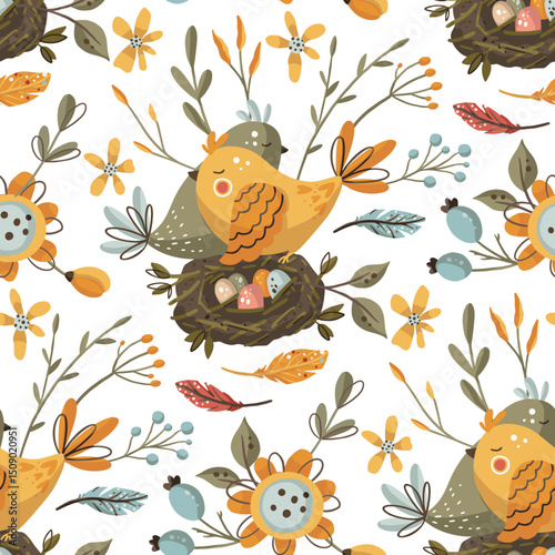 A whimsical design of birds perched among an array of colorful flowers, creating a lively pattern