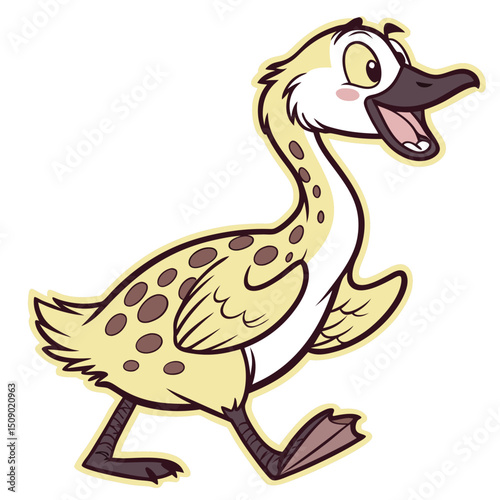 Cartoon duckling cheerfully trots forward, its speckled plumage accentuating its animated, whimsical charm