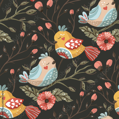 Decorative pattern with stylized birds and assorted flowers, arranged seamlessly for a cohesive look