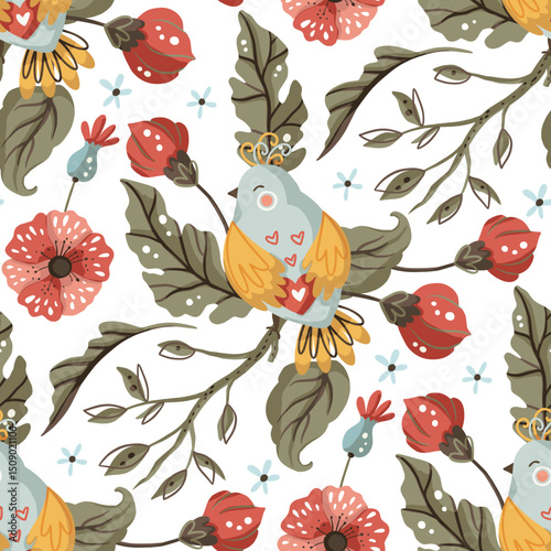 A decorative pattern featuring various birds among colorful flowers on a light background