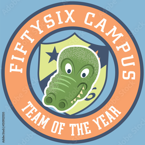 Crocodile or alligator mascot design with a sporty style, textures, text, and patches with varsity numbers and university-themed flags.