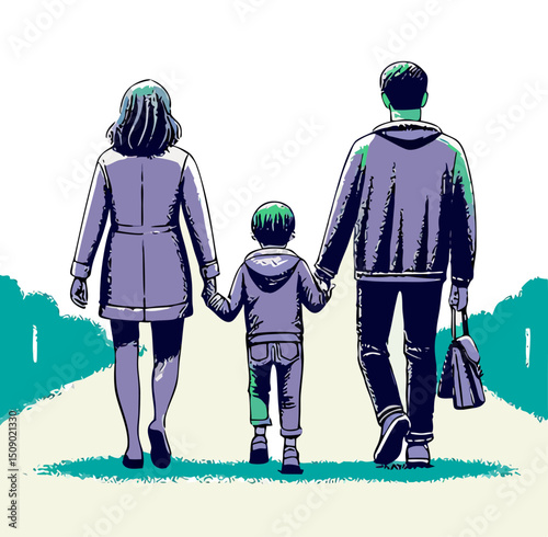 Family Walking Away Holding Hands Illustration
