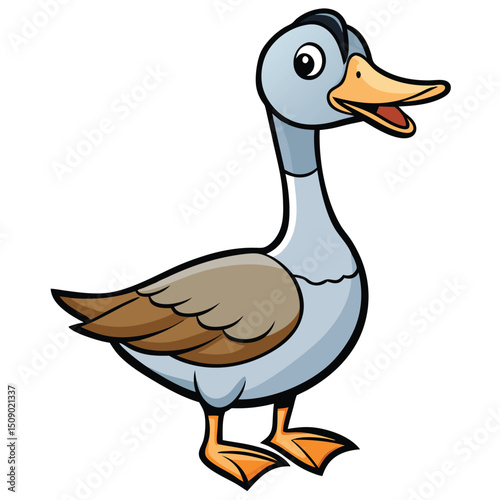 Animated gray duck showcases its orange beak while standing upright proudly