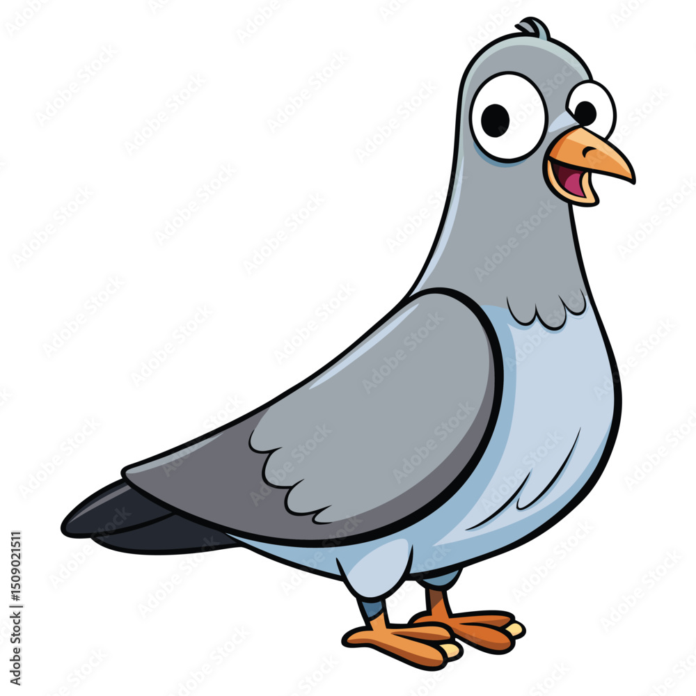 Obraz premium Cartoon gray pigeon stands happily, featuring bright eyes and beak open on a plain background