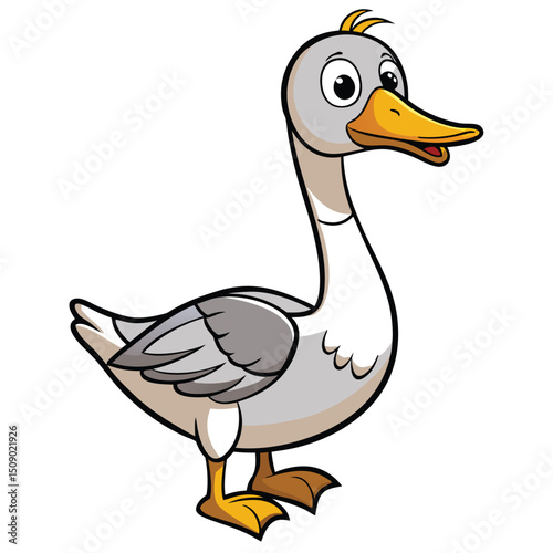Cartoon goose with yellow beak and feet is cheerfully standing and watching