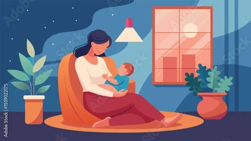 A mother nurses her baby in the corner enjoying a welldeserved break from the busy streets outside.. Vector illustration