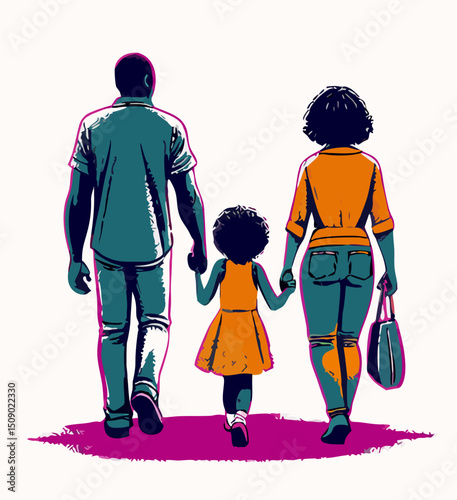Black Family Walking Away Holding Hands Illustration
