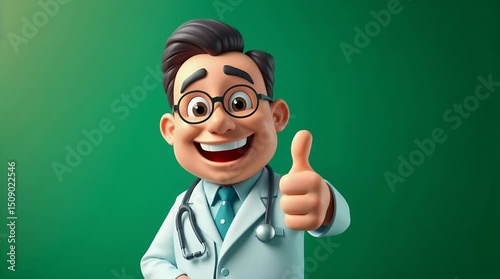 3d cartoon medical doctor showing thumb up on green screen