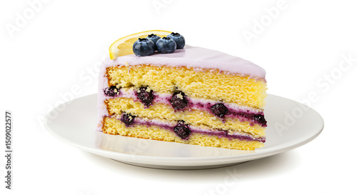 Wallpaper Mural Blueberry lemon cake slice with lemon glaze and blueberries baked into the layers, on a clean white plate, isolated on a pure white background, soft natural lighting Torontodigital.ca