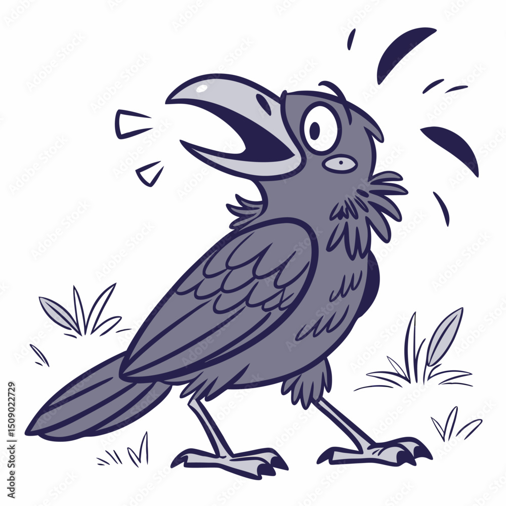 Obraz premium Cartoon gray crow stands yelling dramatically among sketchy grass on an offwhite background