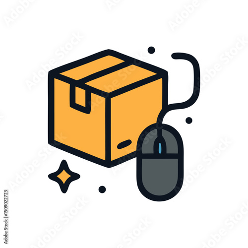 Online retail symbolized by a brown box and computer mouse; suitable for ecommerce website, online marketing materials, and blog posts.