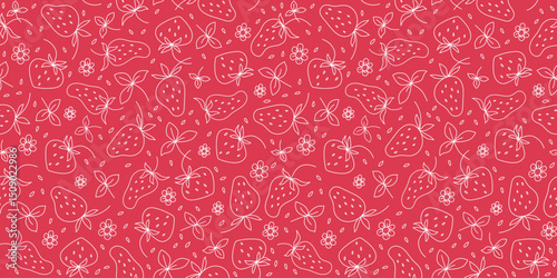 Hand drawn strawberries, leaves, flowers. Pattern is seamless. Line icons, doodle, hand drawn, sketch. Berries, summer plant background. Natural vegetarian food, farm harvest.