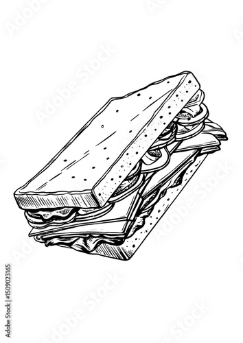Sketch style club sandwich on a transparent background for cafe menus and culinary blogs
