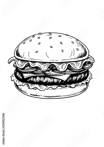 Sketch style classic cheeseburger on a transparent background for cafe menus and culinary blogs