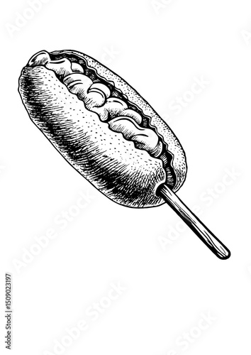 Sketch style corn dog on a transparent background for cafe menus and culinary blogs