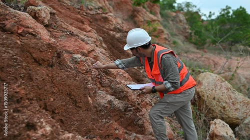A geologist is using a steel rod to drill into a rock to obtain a rock sample for analysis