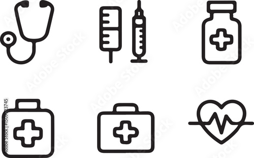 Medical Icons Set Healthcare Symbols Stethoscope Syringe Heartbeat First Aid Kit