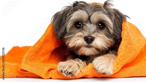 The Havanese dog, a puppy with a cute appearance, is seen sitting after a bath, wrapped in a vibrant orange towel on a white isolated background