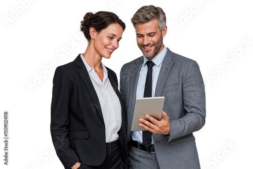 Two business people in office collaborating while using a digital tablet, representing teamwork and modern business communication, transparent png