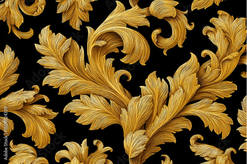 A seamless pattern of golden baroque leaves on a black background in an elegant and ornate style
