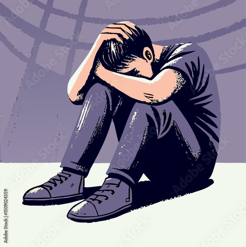 Sad Man Sitting on Floor, Depression Illustration