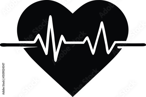 The black heart contains a white heartbeat waveform running horizontally through the center, transparent background