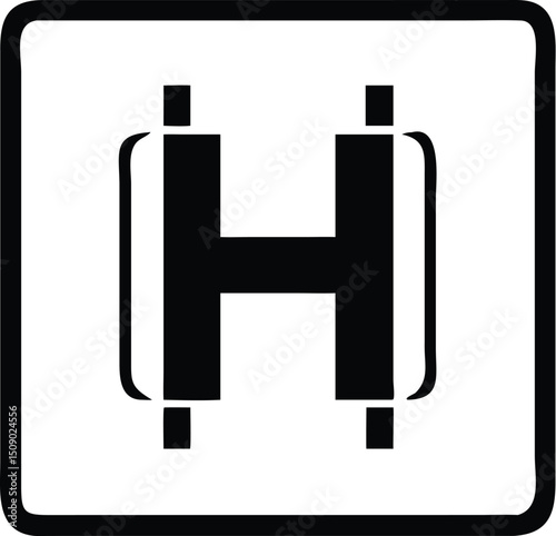 Black and white helipad icon is framed within the border of a square