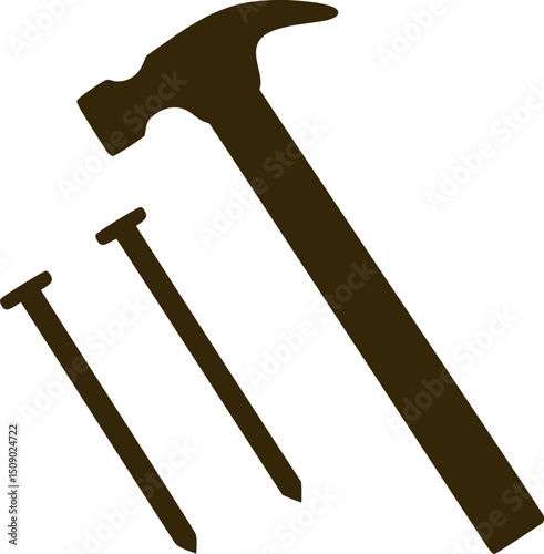 Silhouette of a Hammer with One Short and One Long Nail Depicted in Construction and Carpentry Tool Set Icon Design on Plain Background, hammer and nail