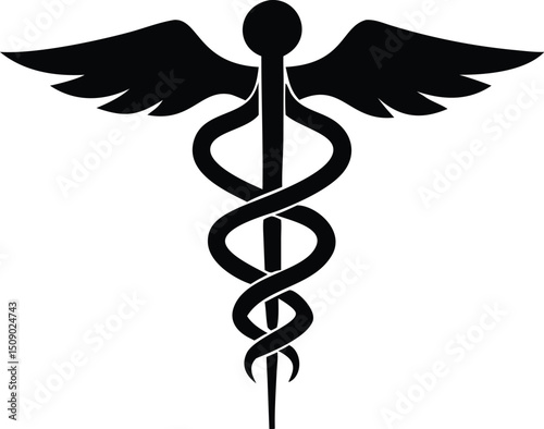 Black caduceus symbol shows entwined snakes and wings on a white transparent background