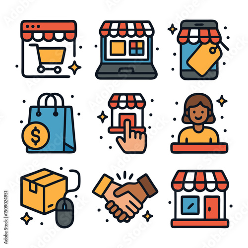 Marketplace icon packs for online and offline shopping. Suitable for web design, ecommerce websites, mobile applications, and print materials.