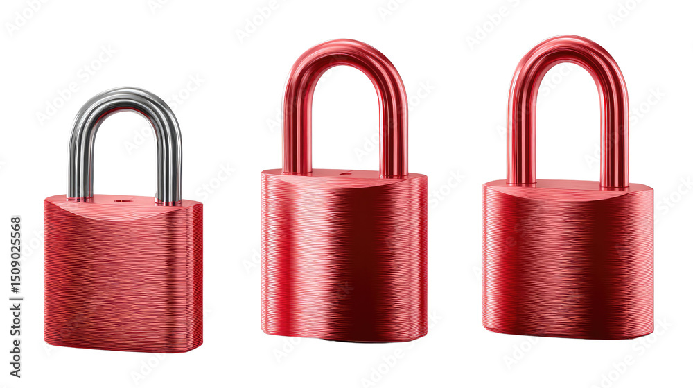 Fototapeta premium Red Padlocks: Captivating three red padlocks against a clean backdrop, symbolizing security and privacy, each presenting its own unique presence and form.