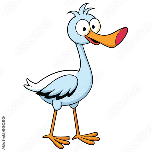 Cartoon goofy bird with a big beak stands looking at the camera cheerfully