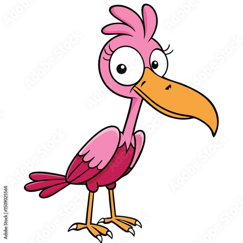 Cartoon bird with large eyes stands cheerfully on a bright white isolated background