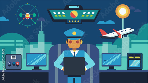 A hub of advanced control rooms oversee and manage the entire air taxi logistics network making realtime decisions for optimal efficiency.. Vector illustration
