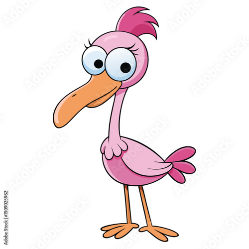 A charming pink cartoon bird gazes with big eyes standing gracefully, a delightful character