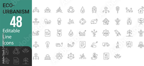 Modern Editable Thin Line Style Collection Of Eco-Urbanism And City Ecology Icons Set Related Urban Ecosystems, Zero Waste, Urban Design, Green Energy, Air And Water Quality Vector Illustration