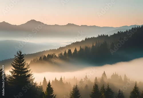  illustration, Forest, Pine trees, Misty landscape, Mountain range, Sunrise or sunset, Fog, Nature, Hills, Atmospheric light, Tranquility, Wilderness, Scenic view