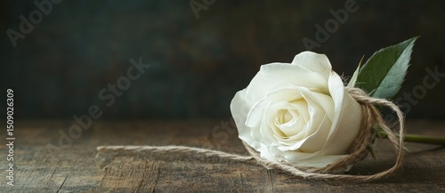 The image features a white rose with a reed bow on a vintage wooden table, set against a dark background and framed by a romantic template border, making it suitable for greeting cards such as
