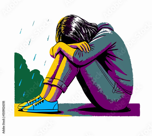 Sad Young Woman Sitting Outdoors in the Rain