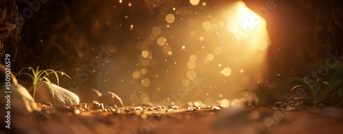 Serene exploration environment with soft light filtering through cave, illuminating ground and creating magical atmosphere