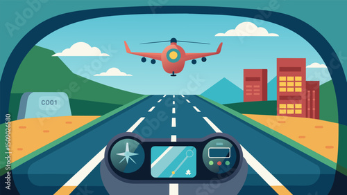 A headsup display for the pilot showing a live video feed of the area directly ahead of the air taxi providing a clear view of the flight path.. Vector illustration