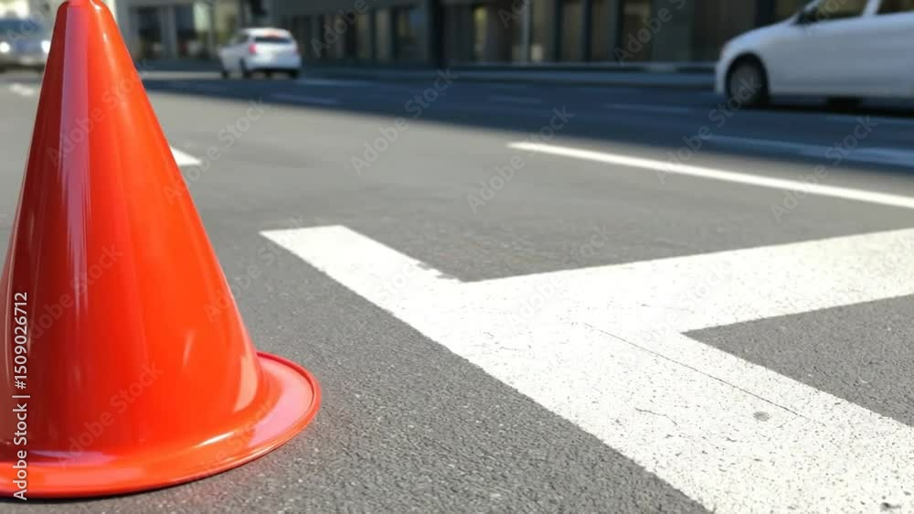 Red traffic cone on city street.  White lines mark the road. A car passes by in the background