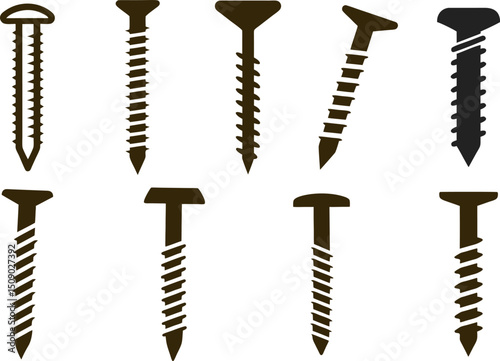 Realistic Screw Vector Collection – Flathead Screws, Phillips Screws, Threaded Metal Fasteners in Brown and Black Grid Layout, set of screws