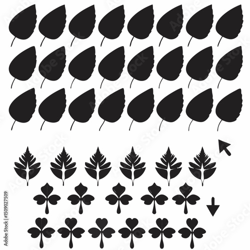 Silhouette Leaf Icons Collection for Nature and Botanical Projects Free Vector, Floral vector icons featuring a variety of flower types and designs showcasing nature in a minimalist style for design.