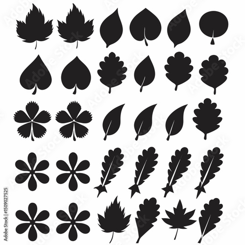 Silhouette Leaf Icons Collection for Nature and Botanical Projects Free Vector, Floral vector icons featuring a variety of flower types and designs showcasing nature in a minimalist style for design.